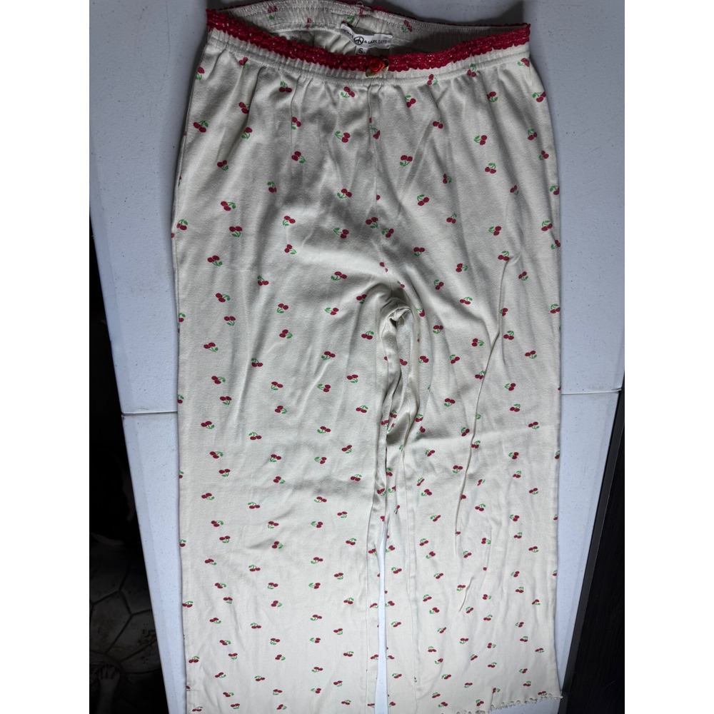 Love & Lazy Days Cherry Print Pajama Pants Cream Red Lace Trim S